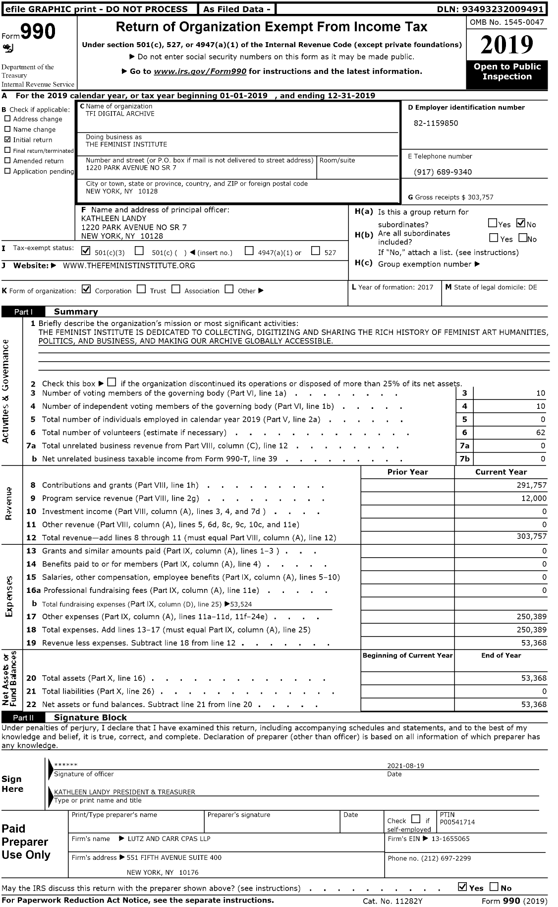 Image of first page of 2019 Form 990 for The Feminist Institute