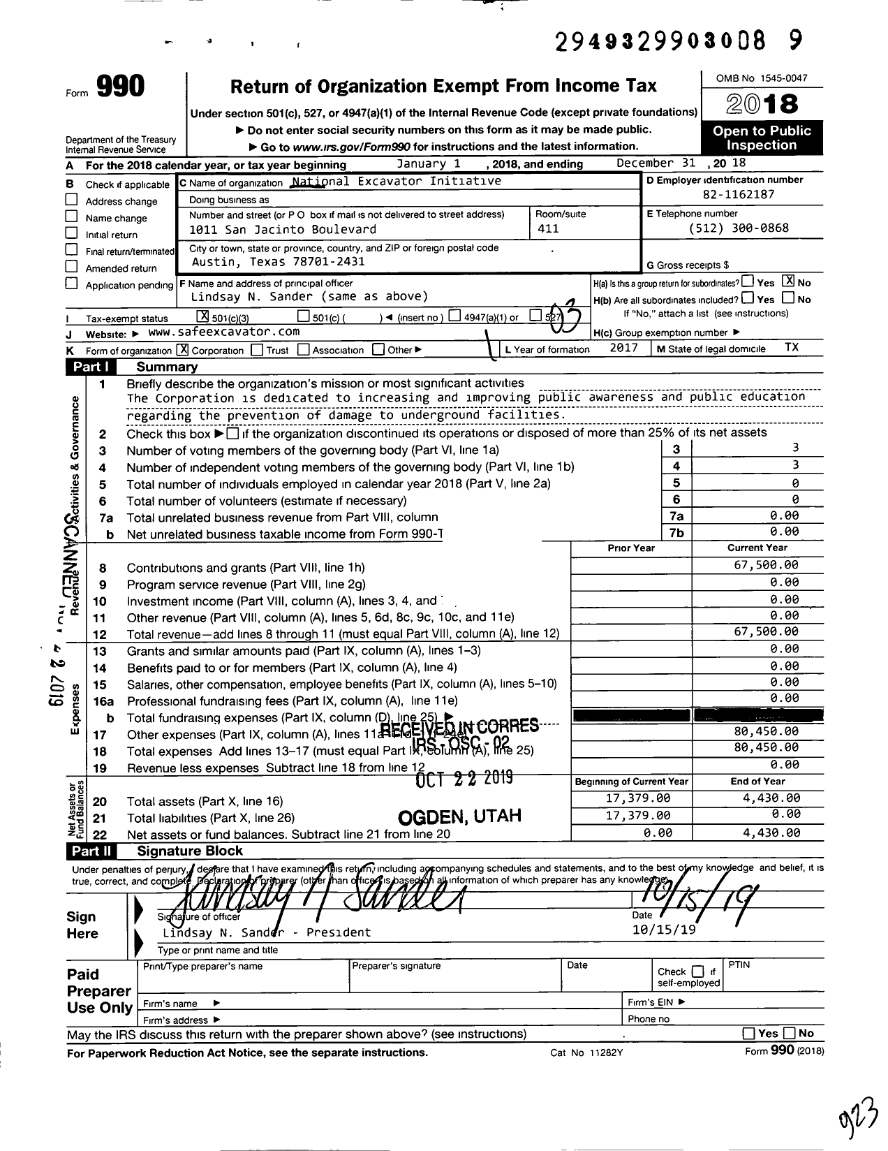 Image of first page of 2018 Form 990 for National Excavator Initiative