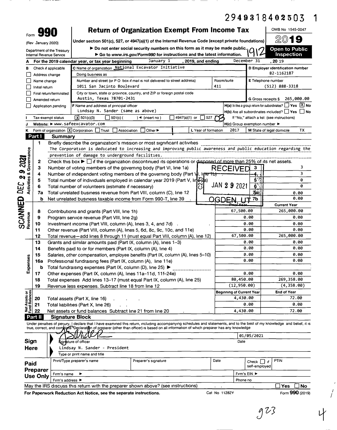 Image of first page of 2019 Form 990 for National Excavator Initiative