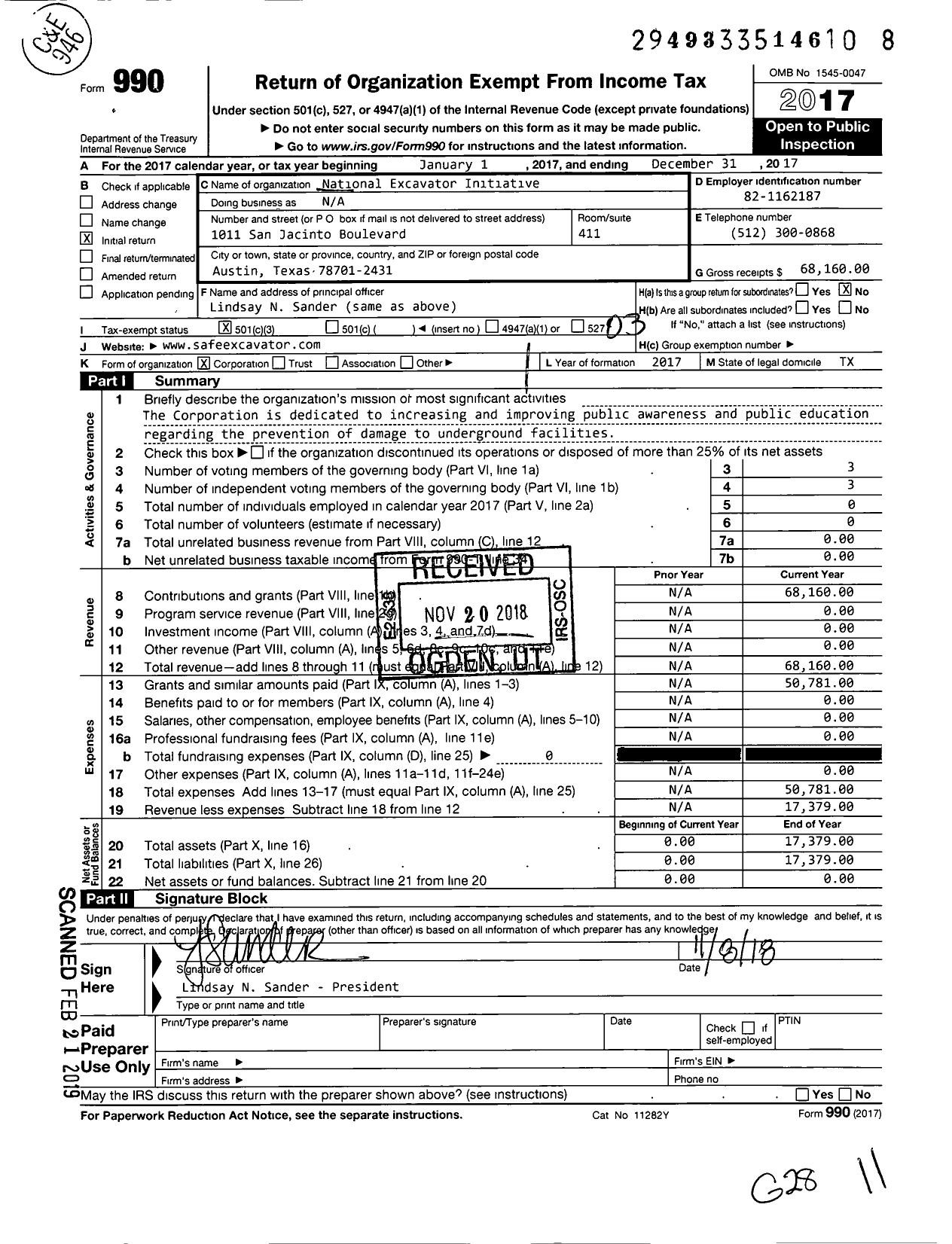 Image of first page of 2017 Form 990 for National Excavator Initiative