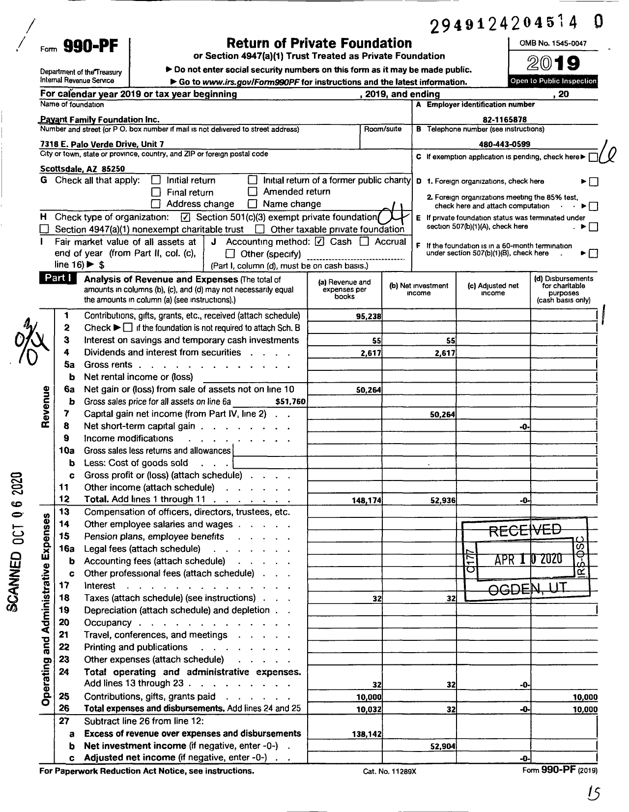 Image of first page of 2019 Form 990PR for Payant Family Foundation