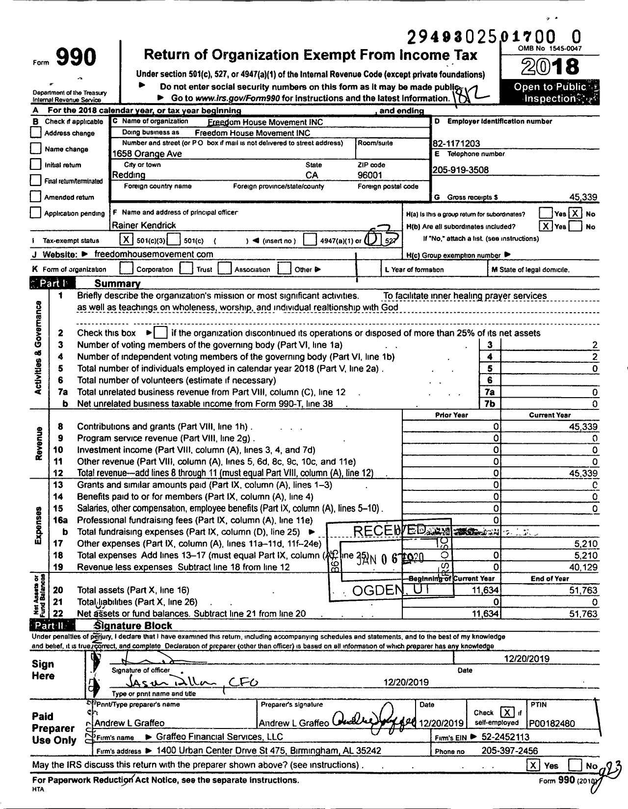 Image of first page of 2018 Form 990 for Freedom House Movement