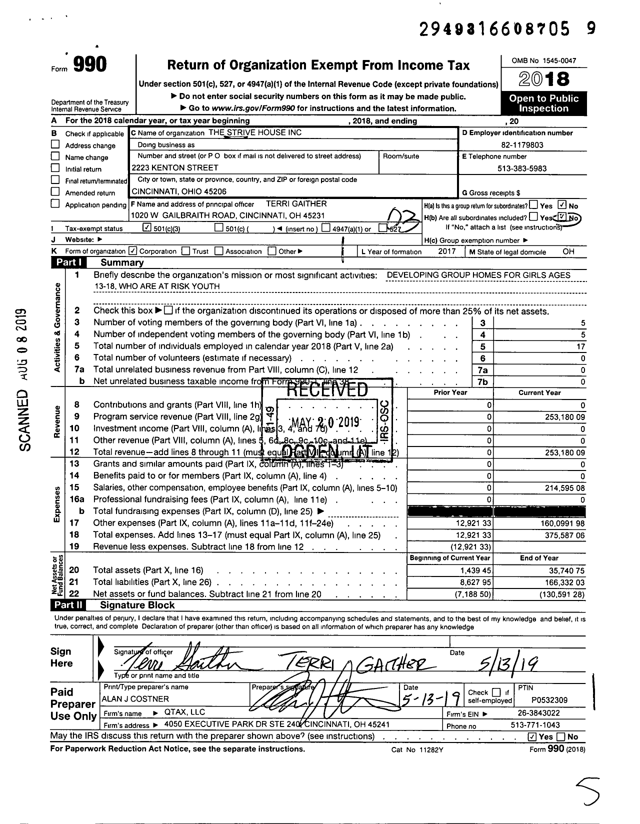 Image of first page of 2018 Form 990 for Strive House