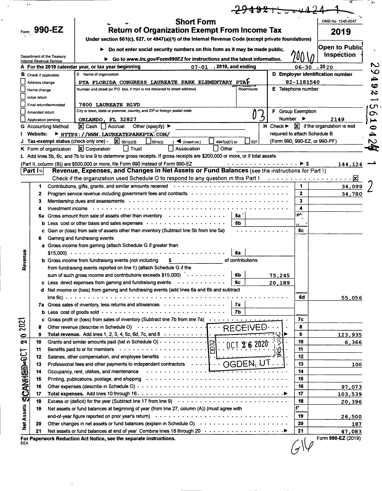 Image of first page of 2019 Form 990EZ for PTA Florida Congress - Laureat Park Elementary PTA