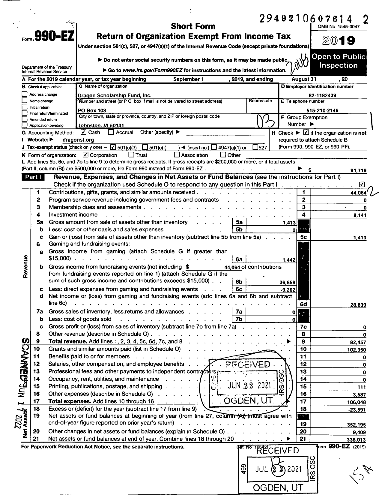 Image of first page of 2019 Form 990EZ for Dragon Scholarship Fund