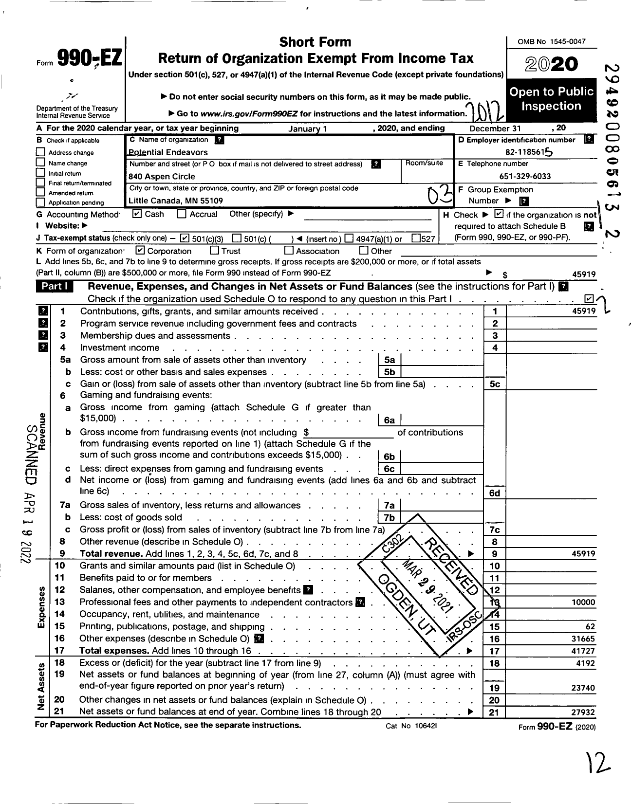 Image of first page of 2020 Form 990EZ for Potential Endeavors