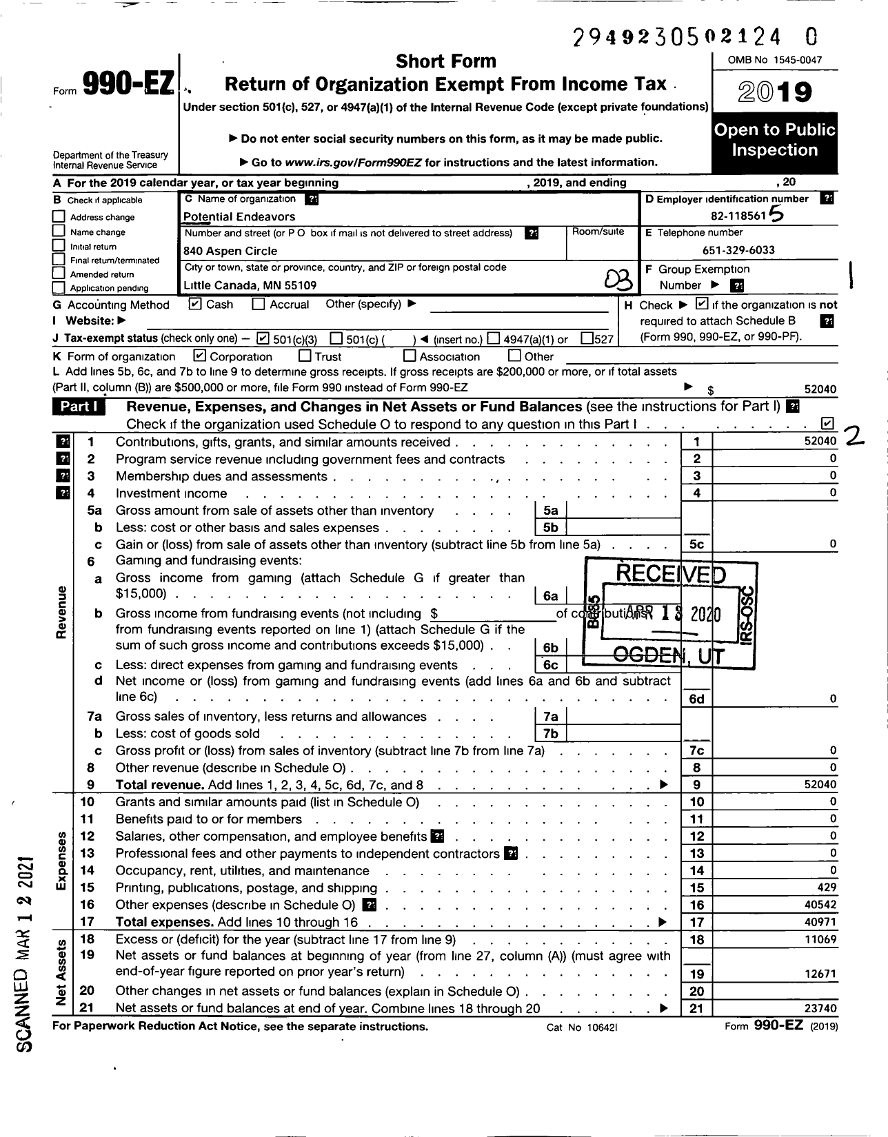 Image of first page of 2019 Form 990EZ for Potential Endeavors