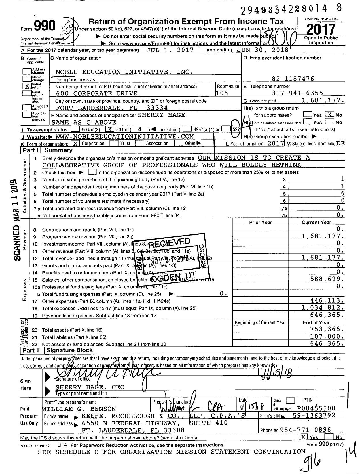 Image of first page of 2017 Form 990O for Noble Education Initiative