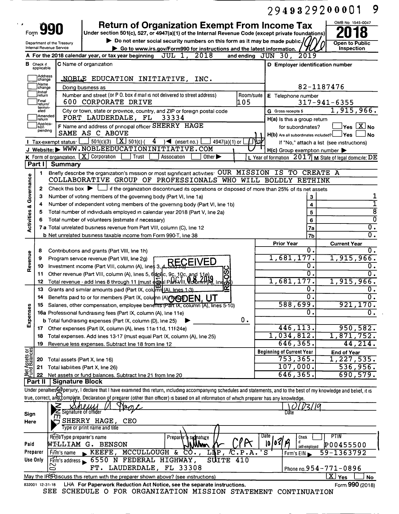 Image of first page of 2018 Form 990O for Noble Education Initiative