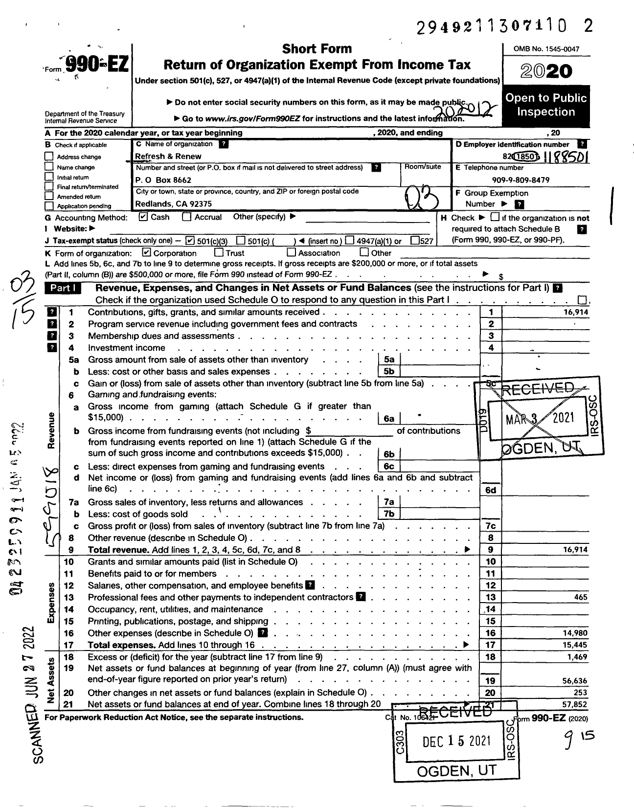 Image of first page of 2020 Form 990EZ for Refresh and Renew