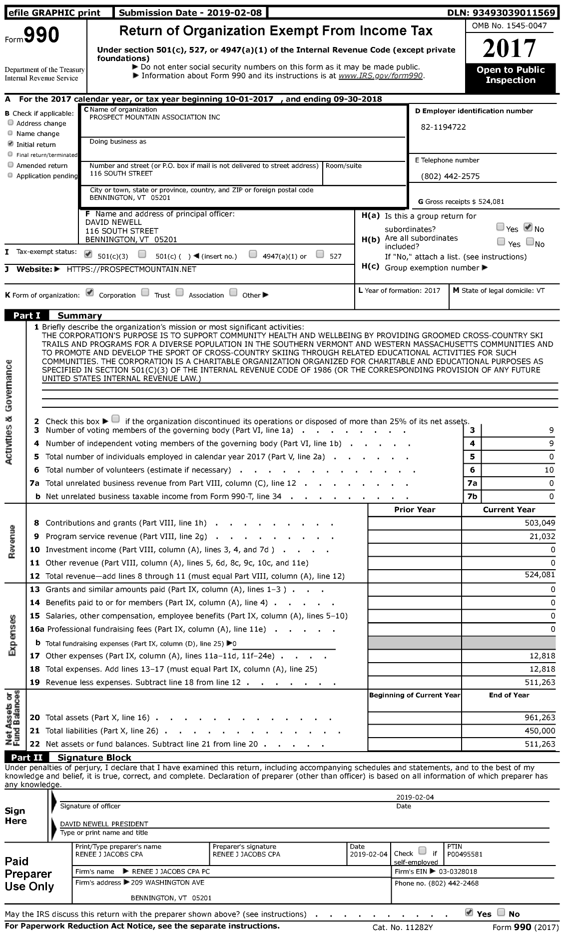 Image of first page of 2017 Form 990 for Prospect Mountain Association