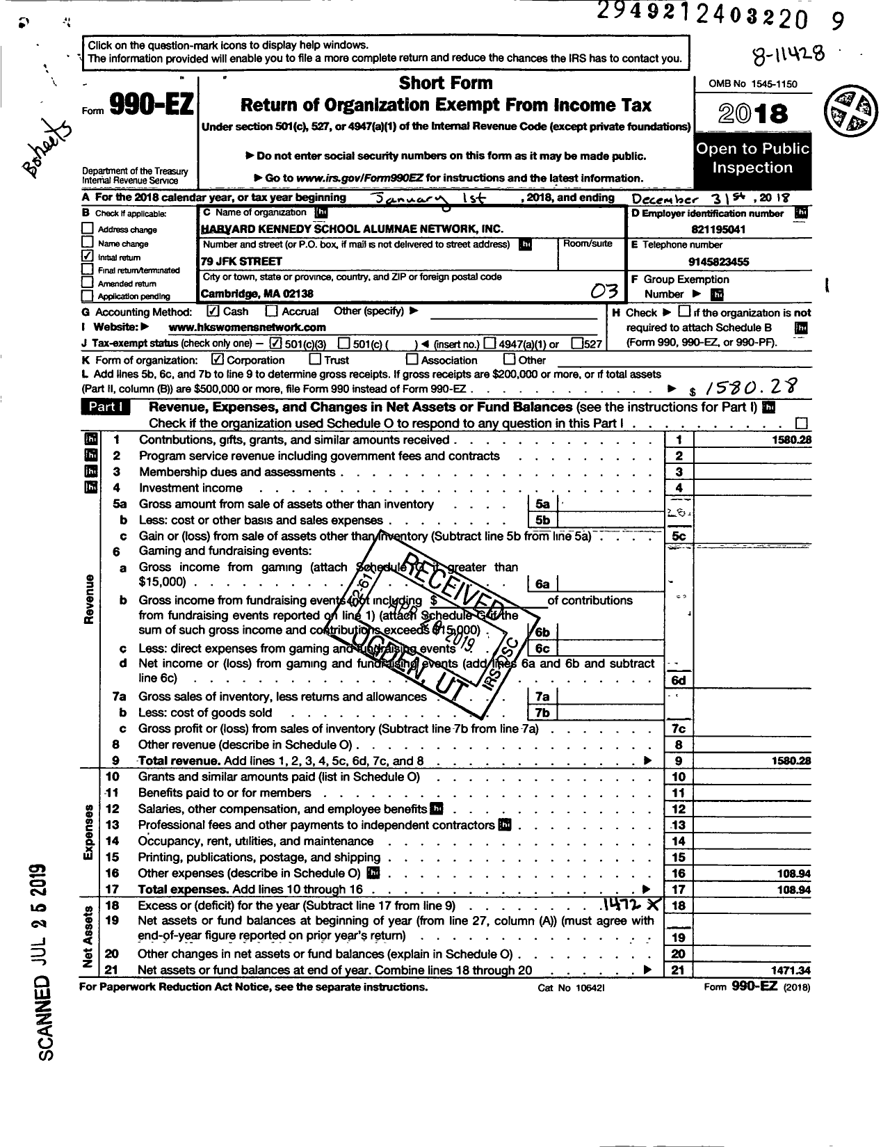 Image of first page of 2018 Form 990EZ for Harvard Kennedy School Alumnae Network