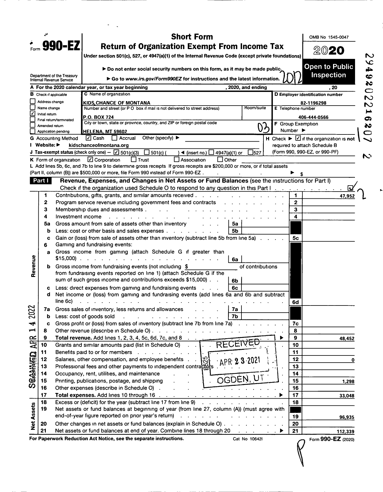 Image of first page of 2020 Form 990EZ for Kids Chance of Montana