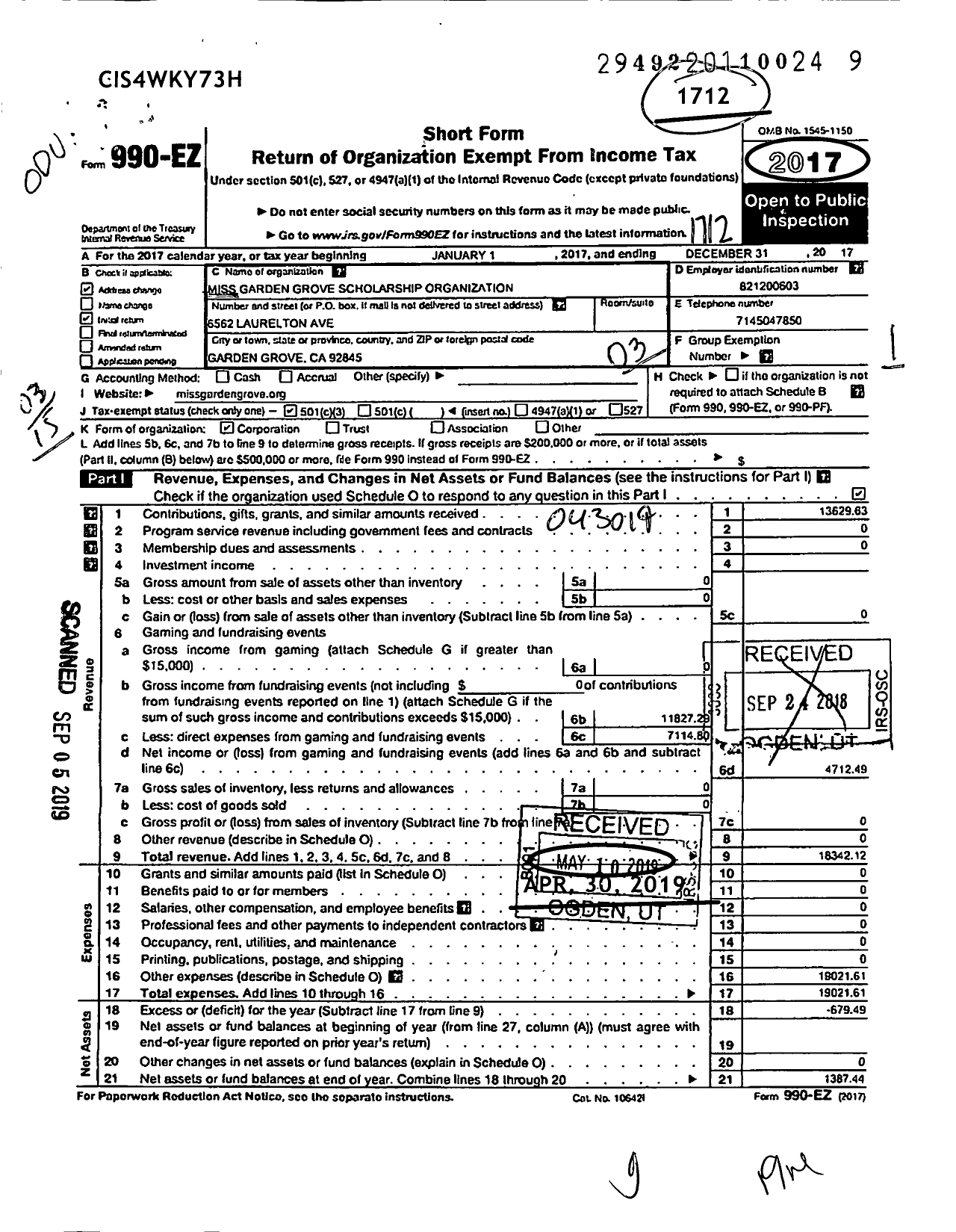 Image of first page of 2017 Form 990EZ for Miss Garden Grove Scholarship Organization