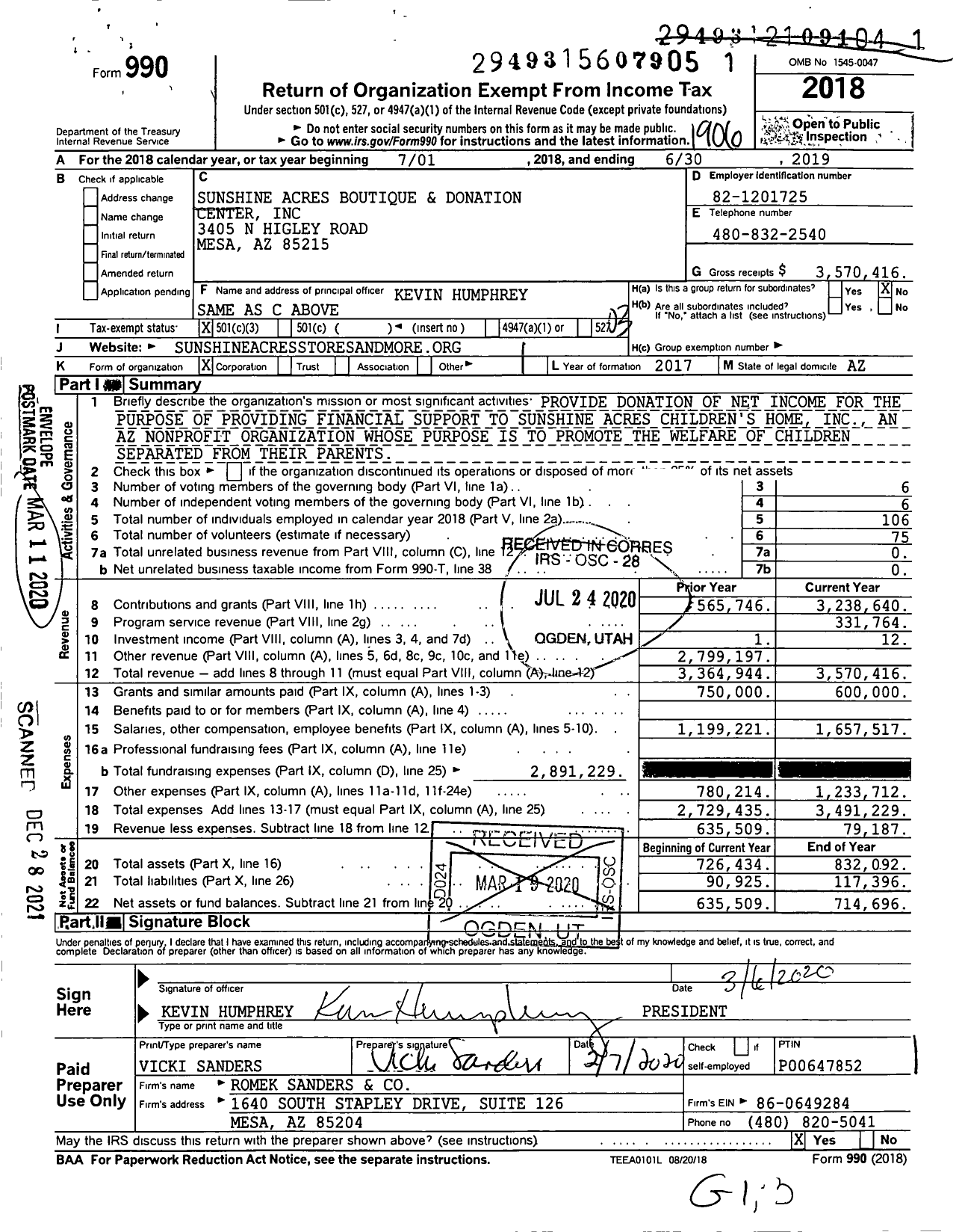 Image of first page of 2018 Form 990 for Sunshine Acres Boutique and Donation Center