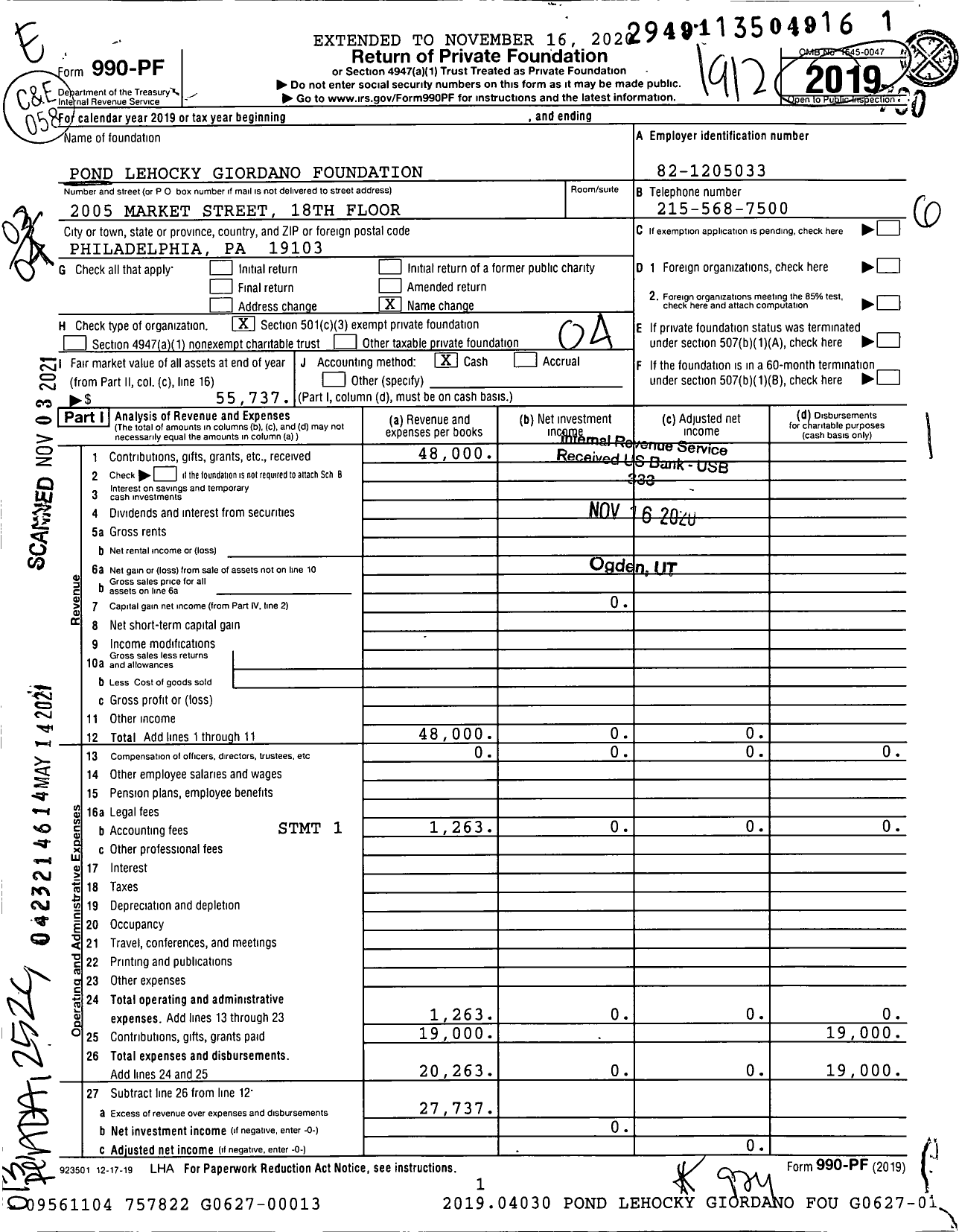 Image of first page of 2019 Form 990PF for Pond Lehocky Giordano Foundation