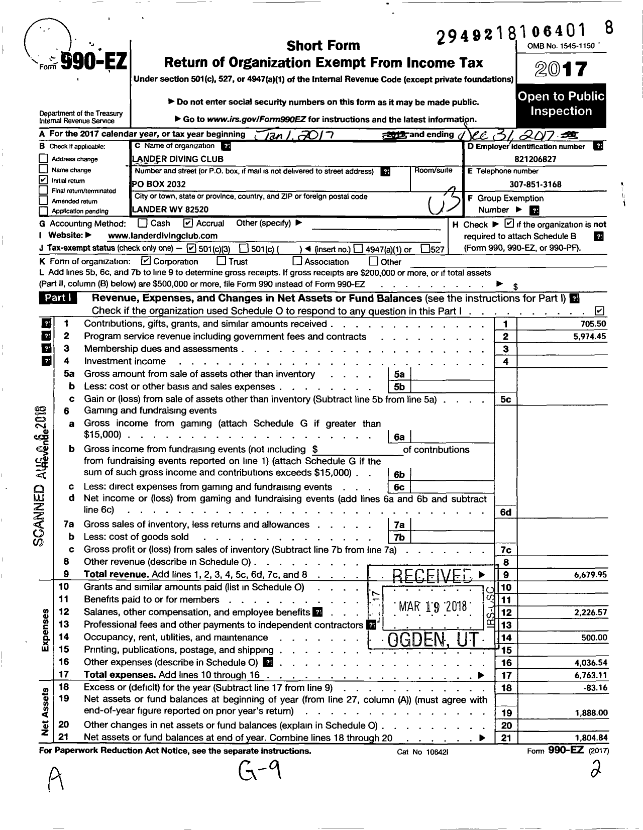 Image of first page of 2017 Form 990EZ for Lander Diving Club