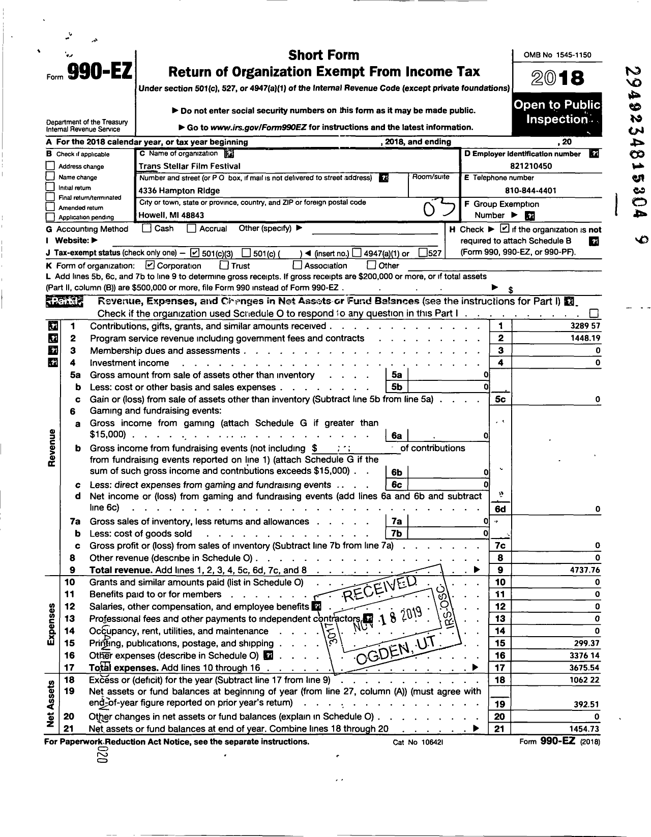 Image of first page of 2018 Form 990EZ for Trans Stellar Film Festival