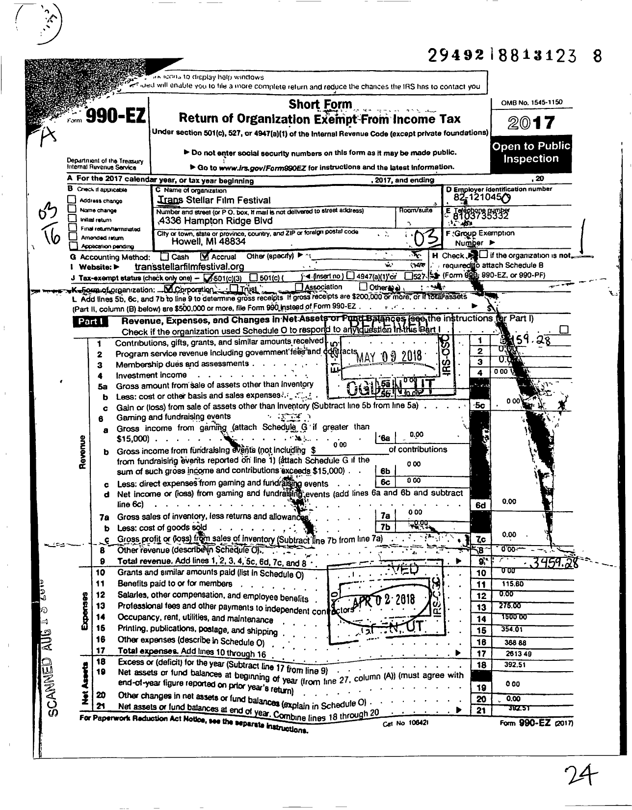 Image of first page of 2017 Form 990EZ for Trans Stellar Film Festival