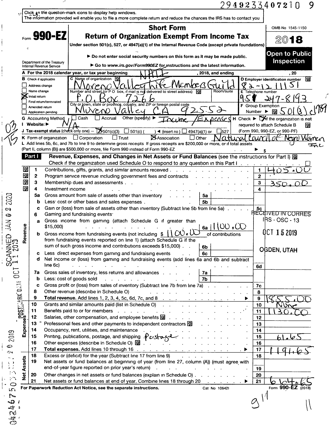 Image of first page of 2018 Form 990EZ for National Council of Negro Women / Moreno Valley Life Member Guild