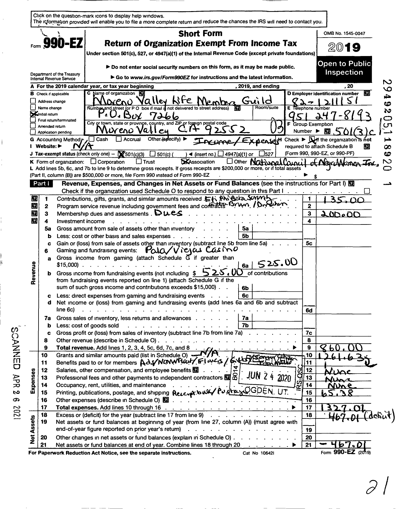 Image of first page of 2019 Form 990EZ for National Council of Negro Women / Moreno Valley Life Member Guild