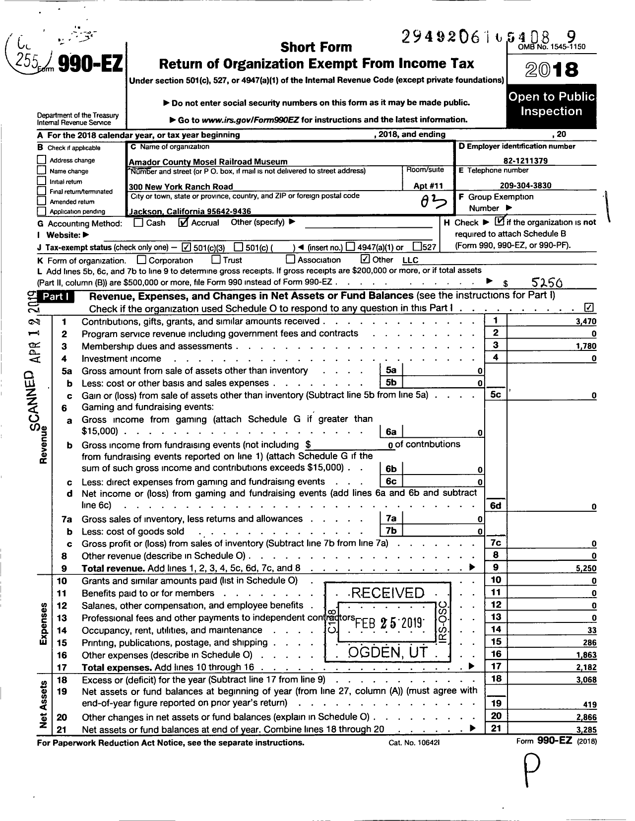 Image of first page of 2018 Form 990EZ for Amador County Model Railroad Museum