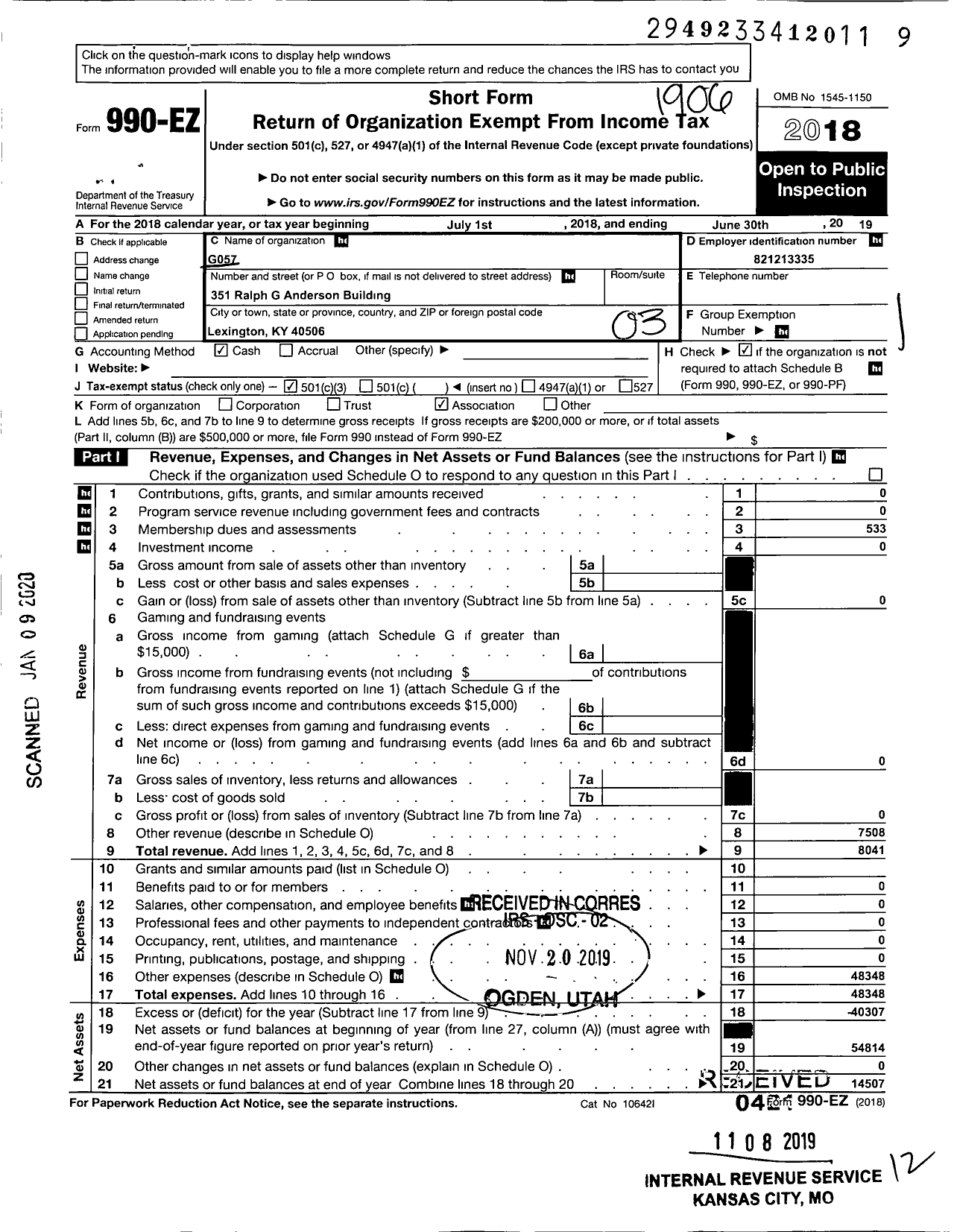 Image of first page of 2018 Form 990EZ for Society of Women Engineers / University of Kentucky Section