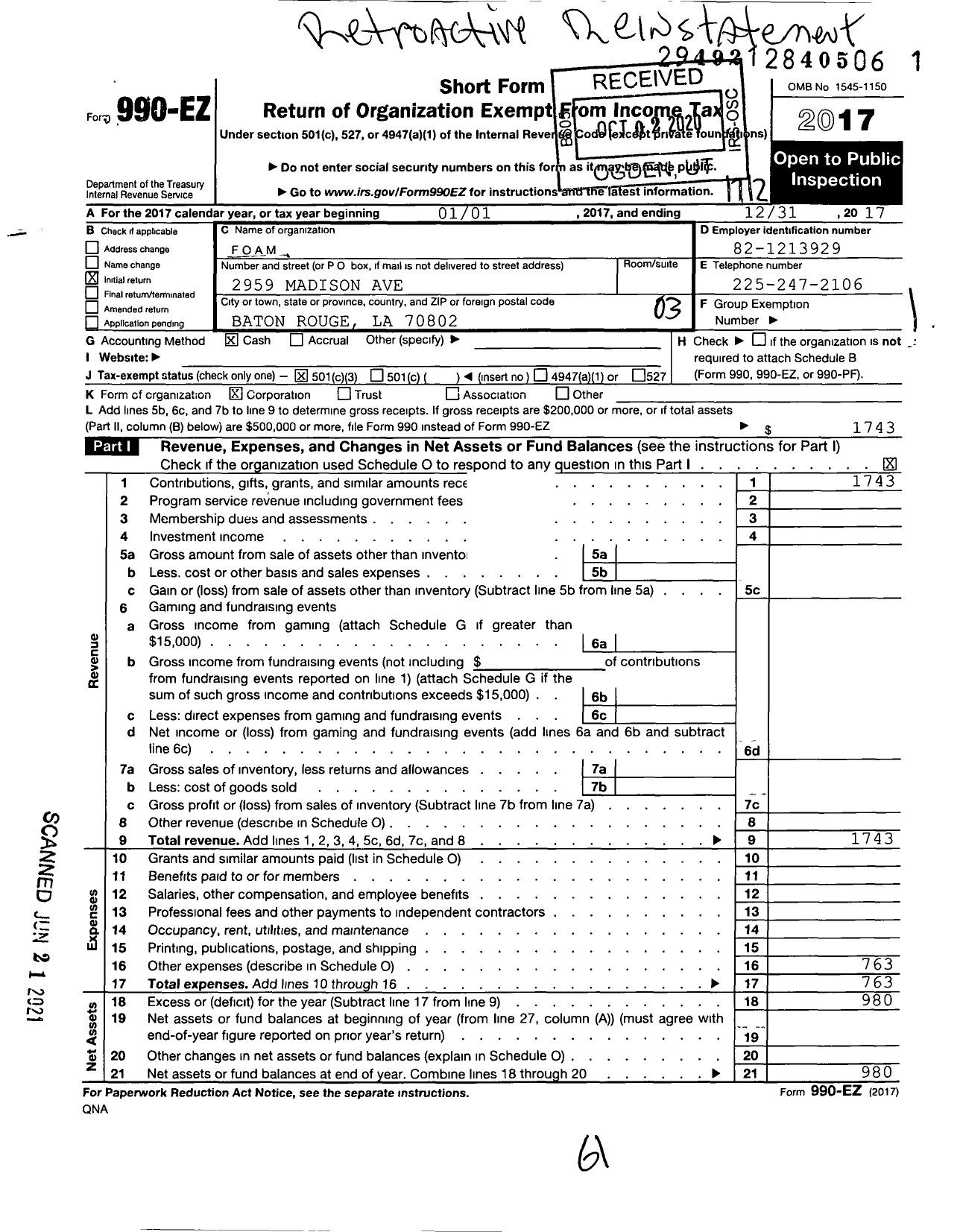 Image of first page of 2017 Form 990EZ for Fathers on A Mission (FOAM)