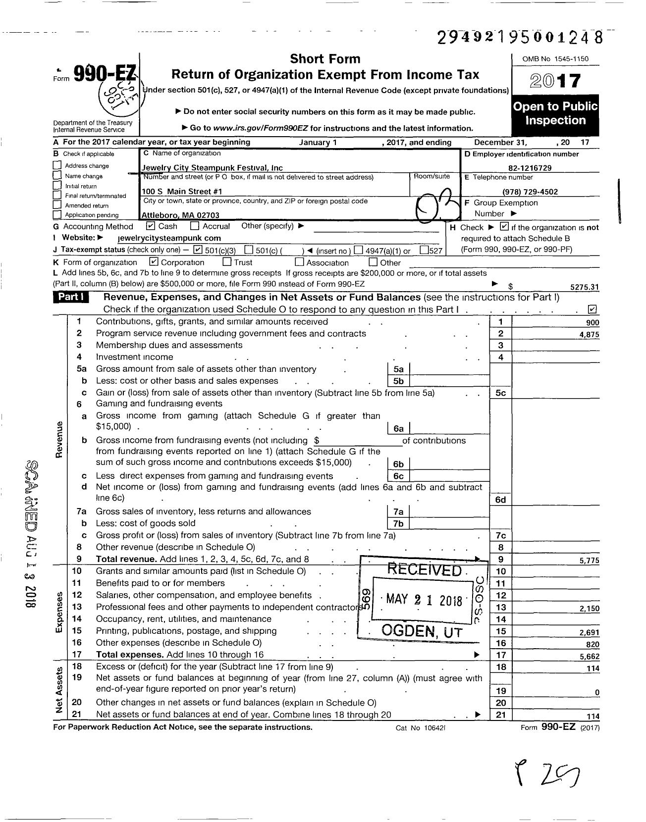 Image of first page of 2017 Form 990EZ for Jewelry City Steampunk Festival