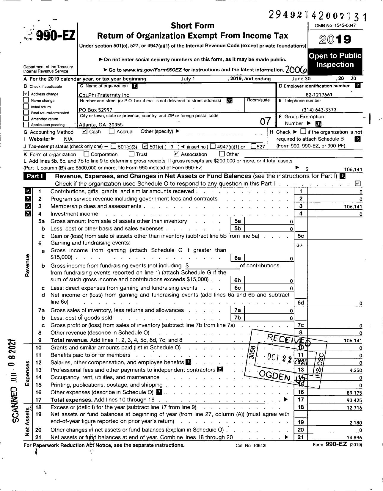 Image of first page of 2019 Form 990EO for Chi Phi Fraternity / Delta Theta Chapter of Chi Phi Frat