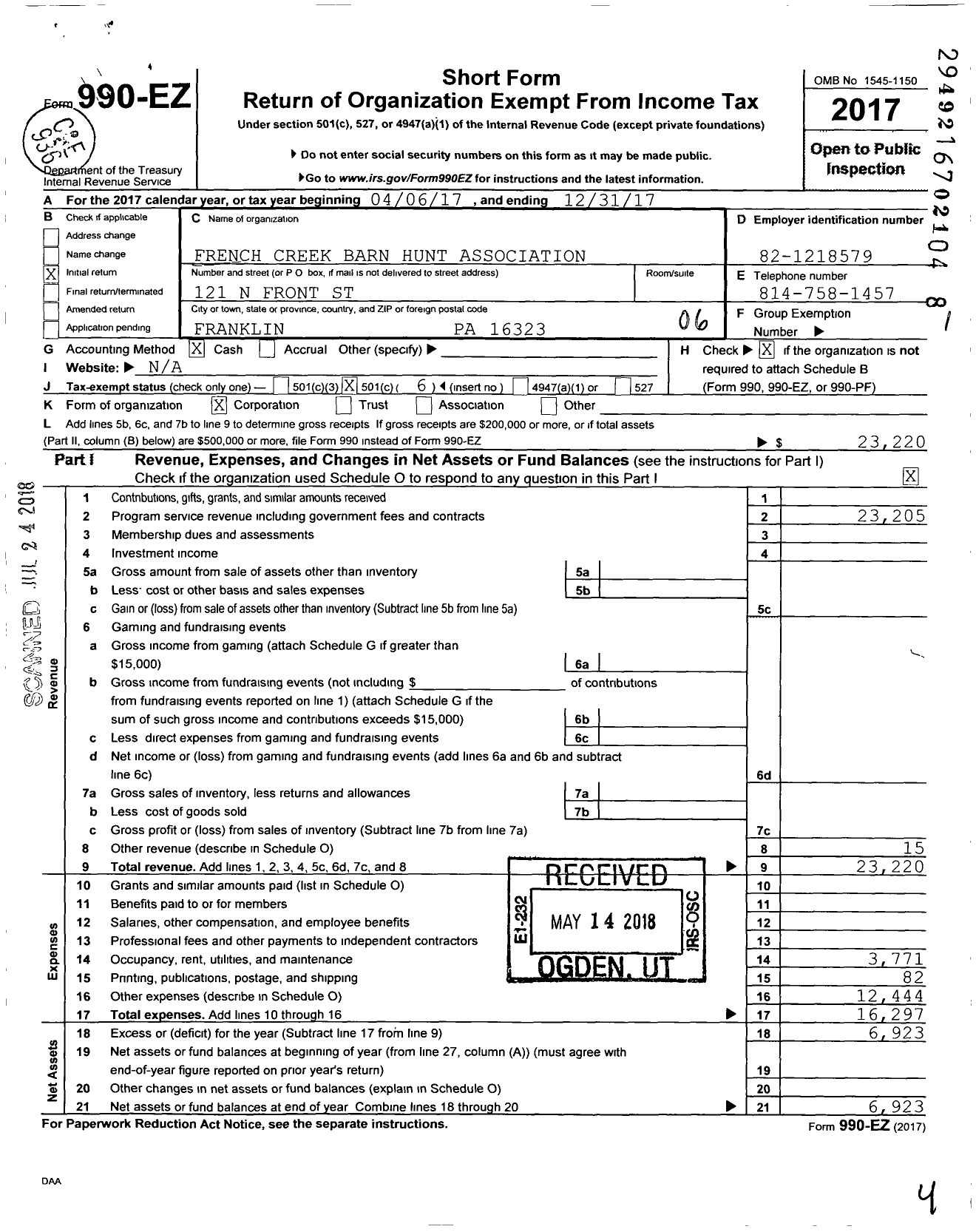 Image of first page of 2017 Form 990EO for French Creek Barn Hunt Association