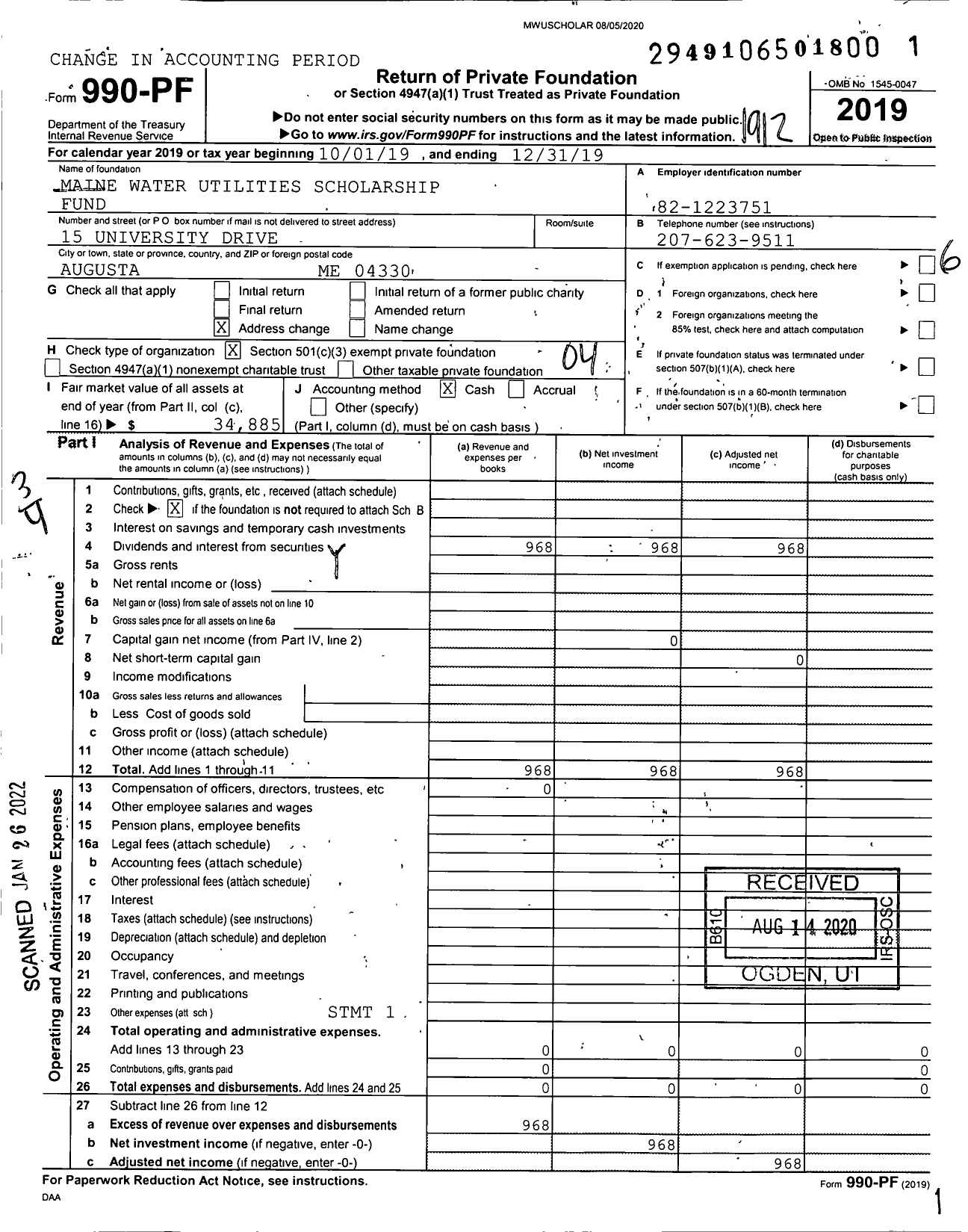 Image of first page of 2019 Form 990PF for Maine Water Utilities Scholarship Fund