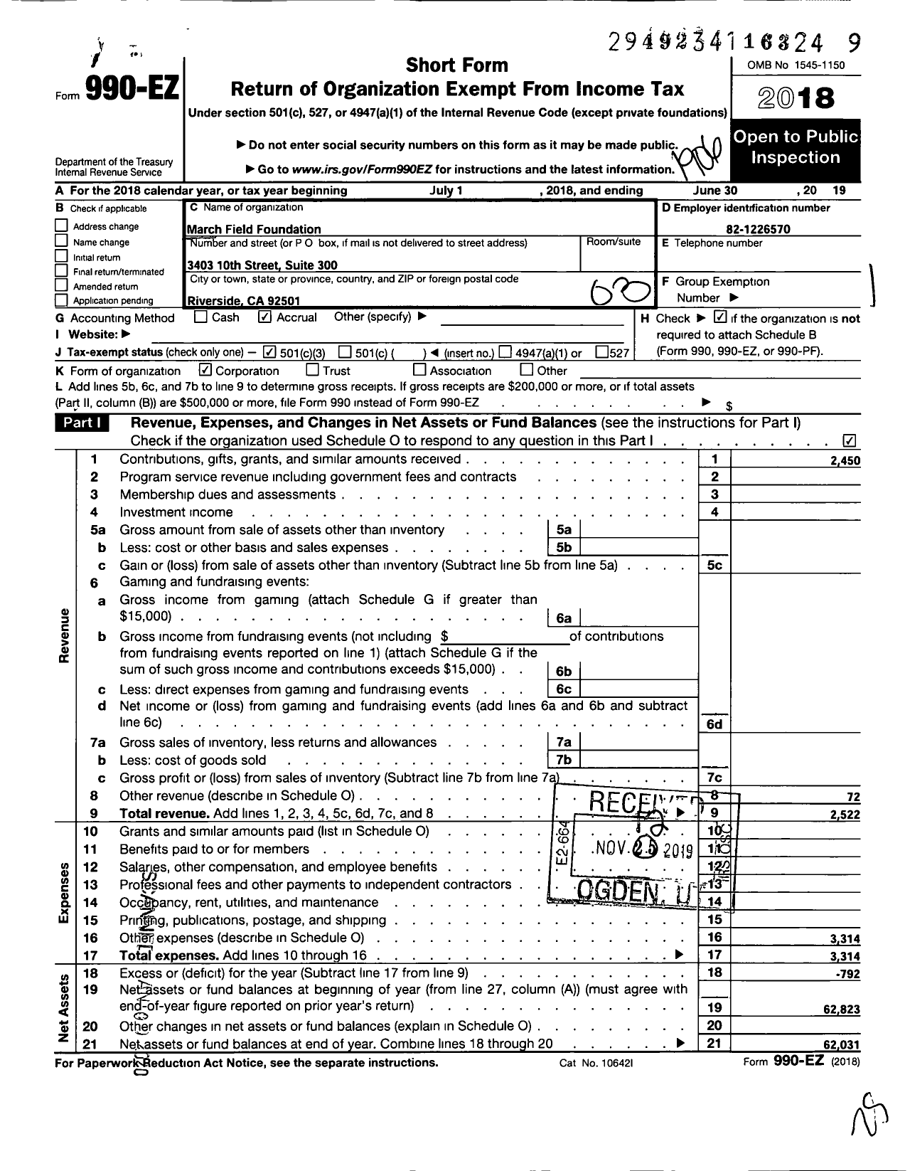 Image of first page of 2018 Form 990EZ for March Field Foundation