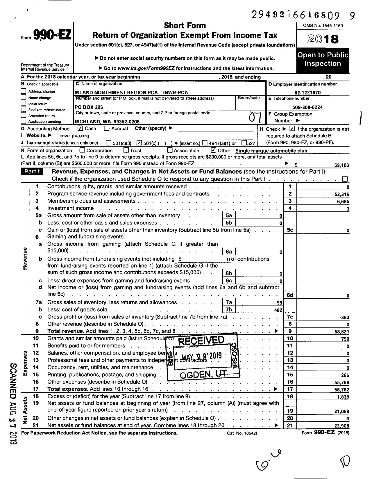 Image of first page of 2018 Form 990EO for Inland Northwest Region PCA INWR-PCA