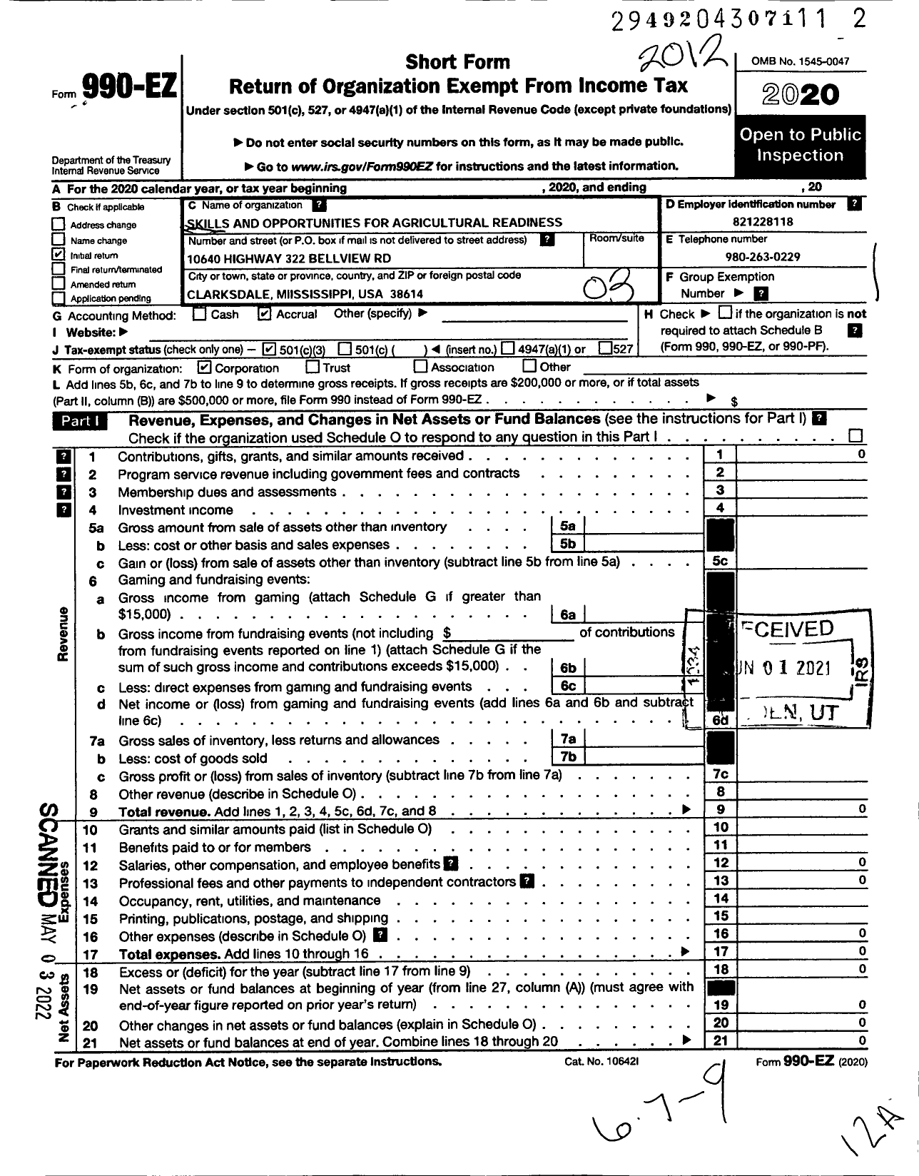 Image of first page of 2020 Form 990EZ for Skills and Opportunities for Agricultural Readiness