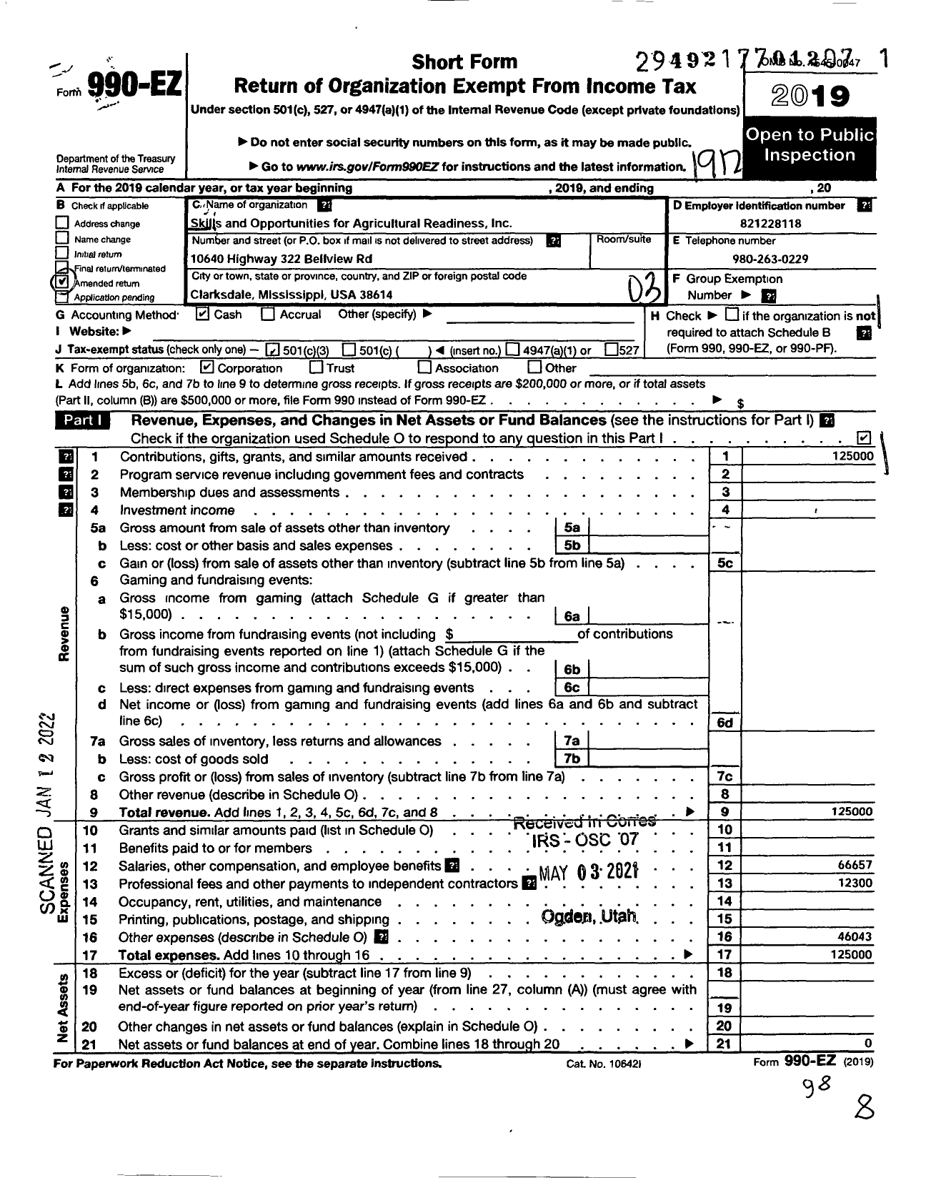 Image of first page of 2019 Form 990EZ for Skills and Opportunities for Agricultural Readiness