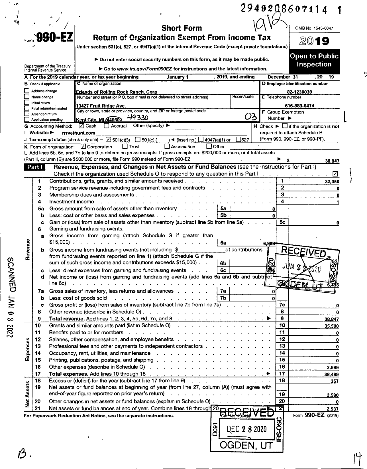 Image of first page of 2019 Form 990EZ for Friends of Rolling Rock Ranch Corporation