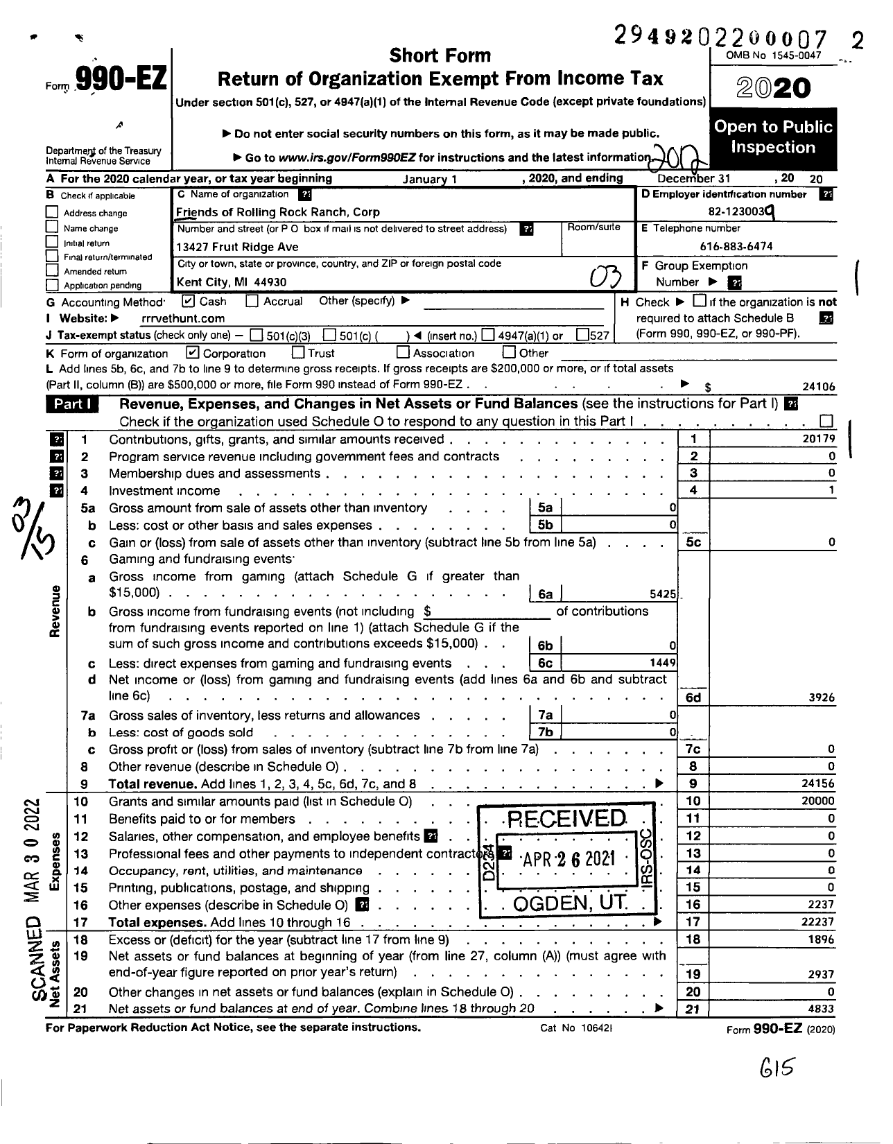 Image of first page of 2020 Form 990EZ for Friends of Rolling Rock Ranch Corporation