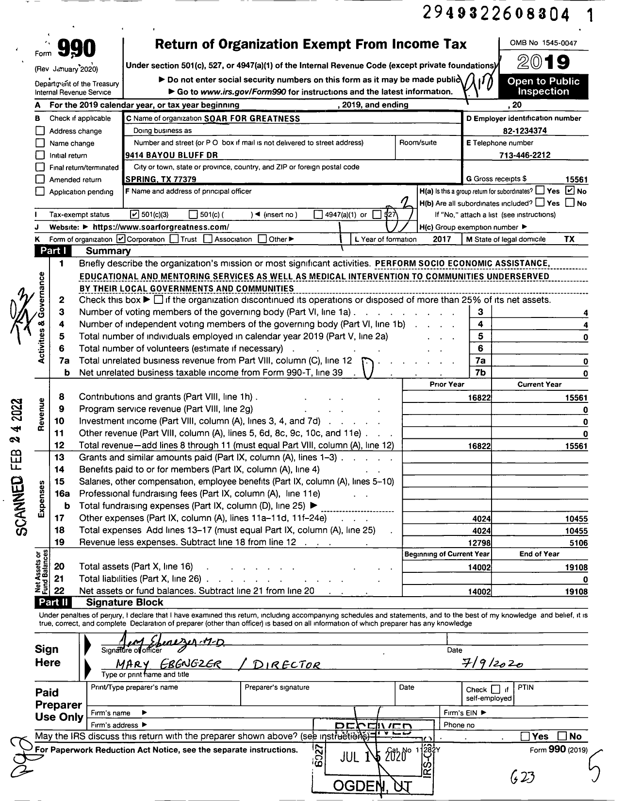 Image of first page of 2019 Form 990 for Soar for Greatness