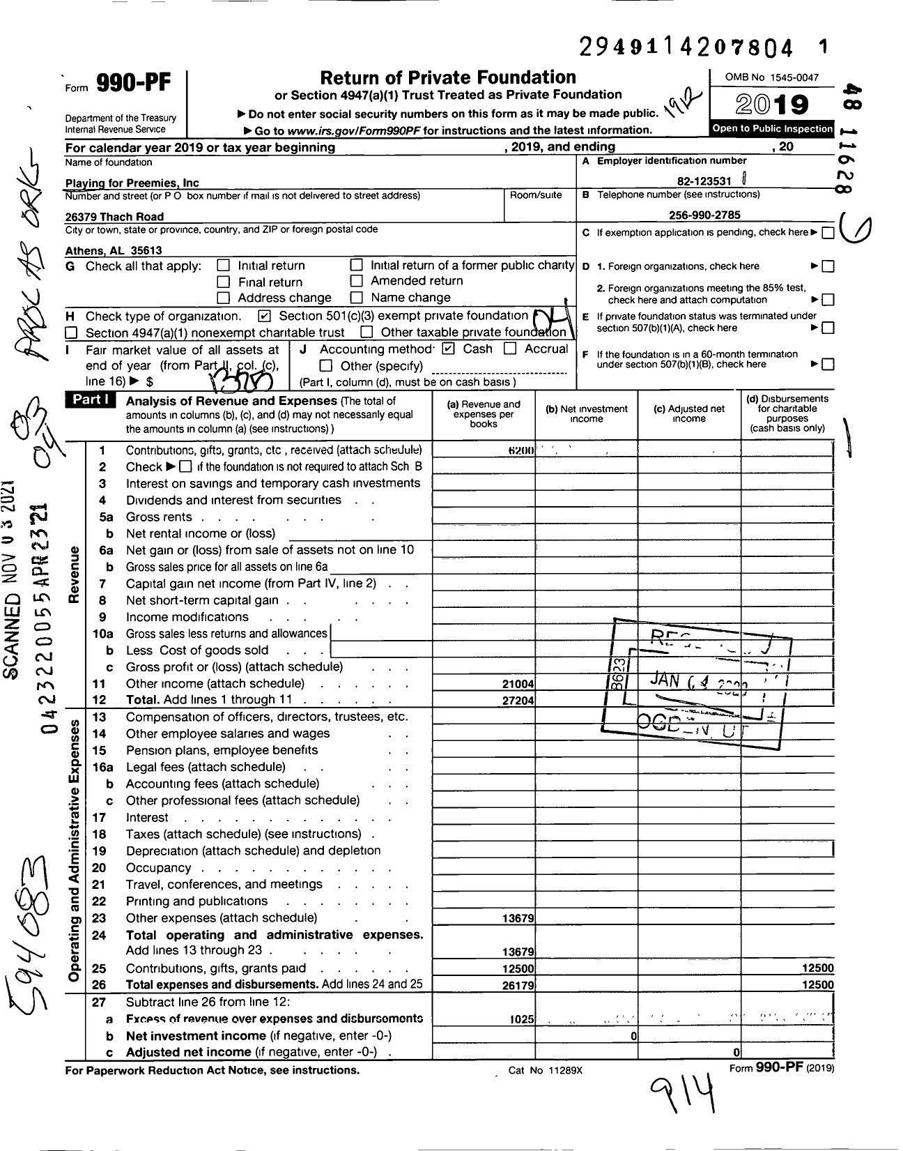 Image of first page of 2019 Form 990PF for Playing for Preemies