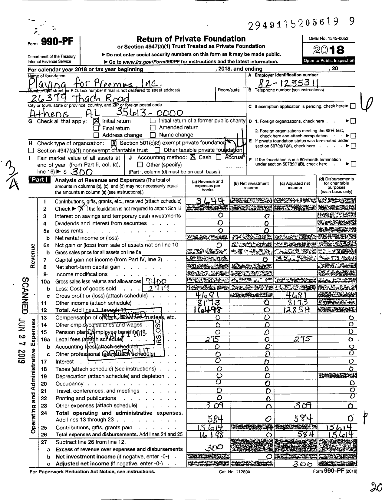 Image of first page of 2018 Form 990PF for Playing for Preemies