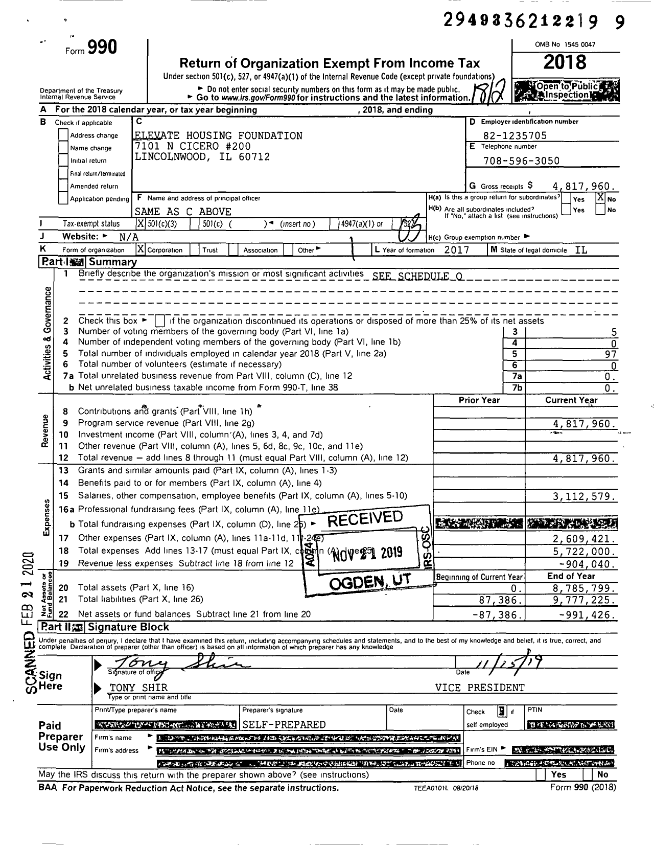 Image of first page of 2018 Form 990 for Elevate Housing Foundation