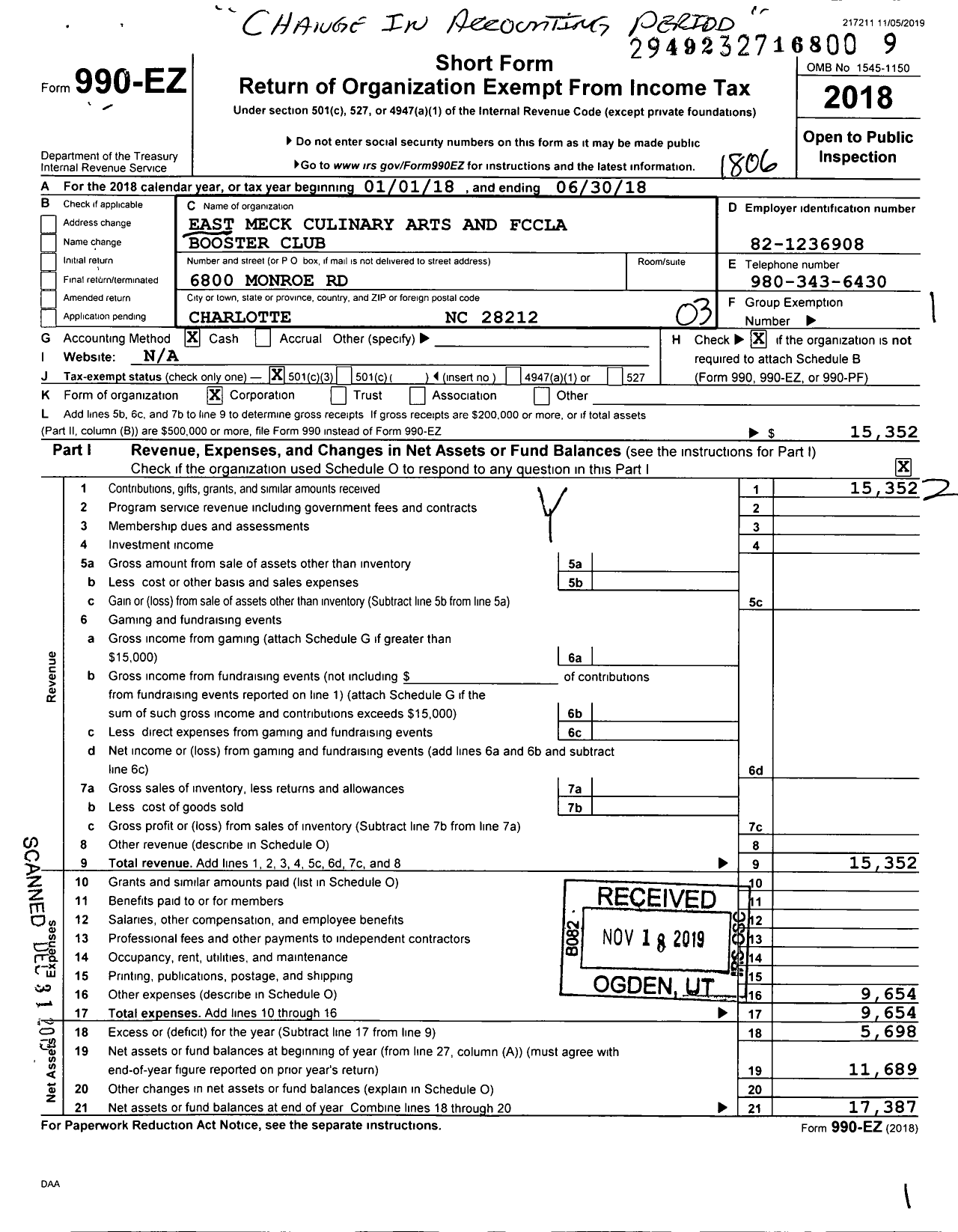 Image of first page of 2017 Form 990EZ for East Meck Culinary Arts and Fccla Booster Club