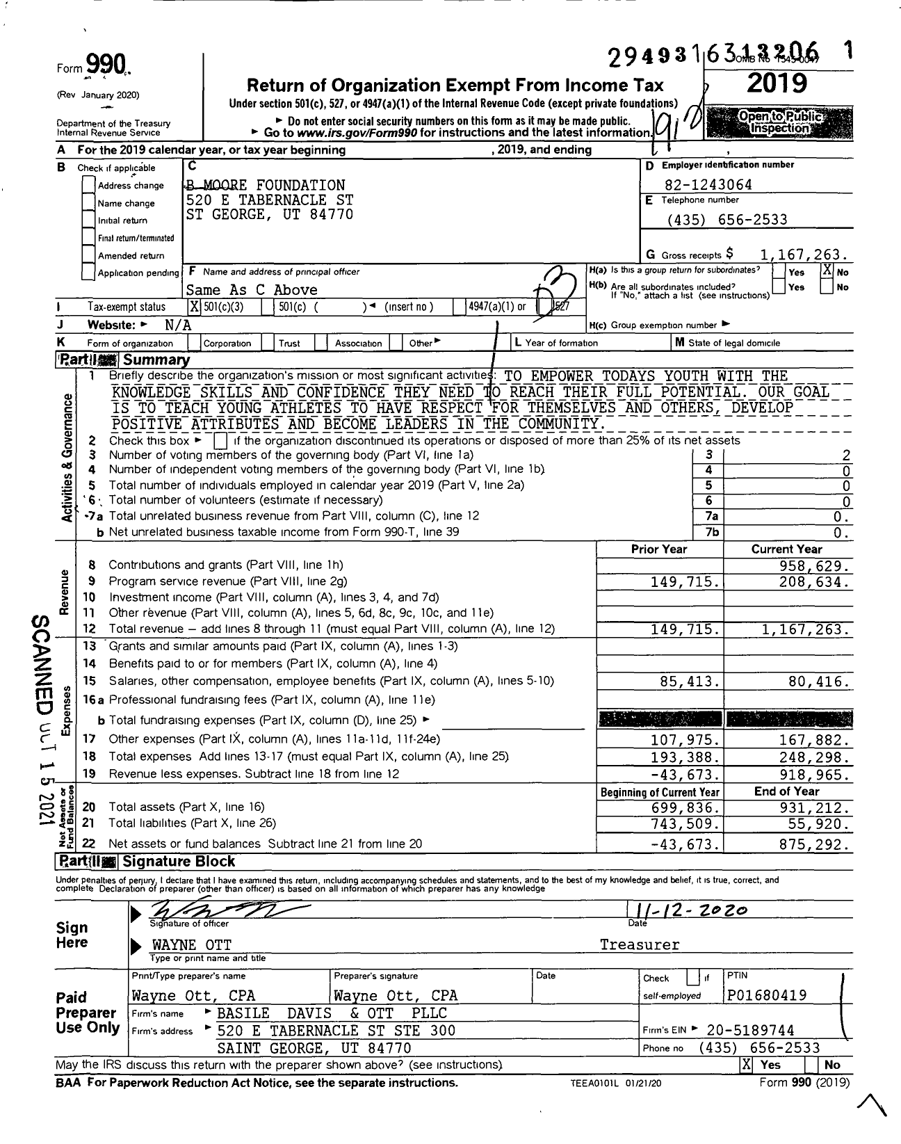 Image of first page of 2019 Form 990 for B Moore Foundation