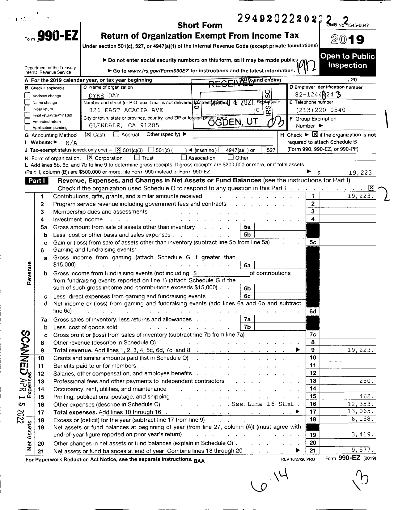 Image of first page of 2019 Form 990EZ for Dyke Day