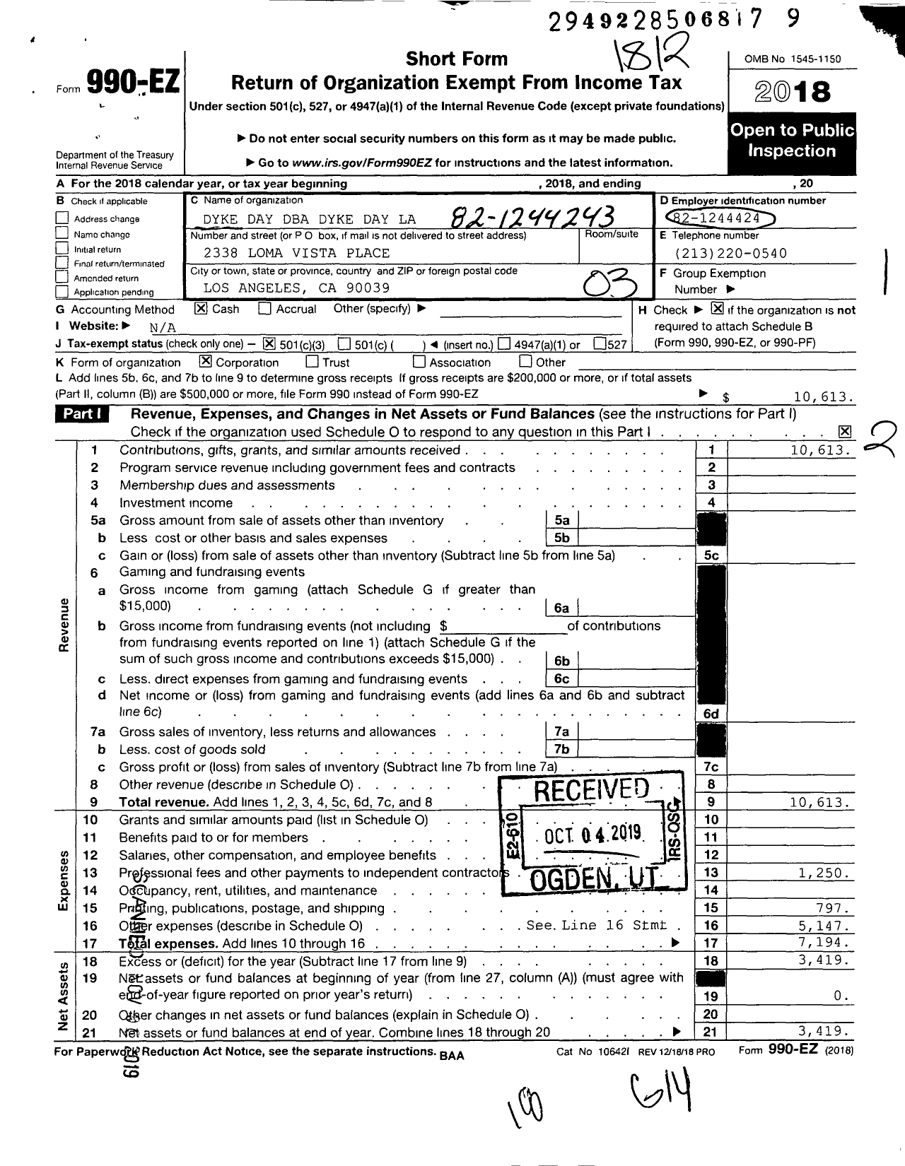 Image of first page of 2018 Form 990EZ for Dyke Day