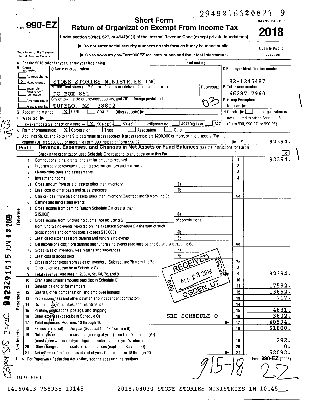 Image of first page of 2018 Form 990EZ for Stone Stories Ministries