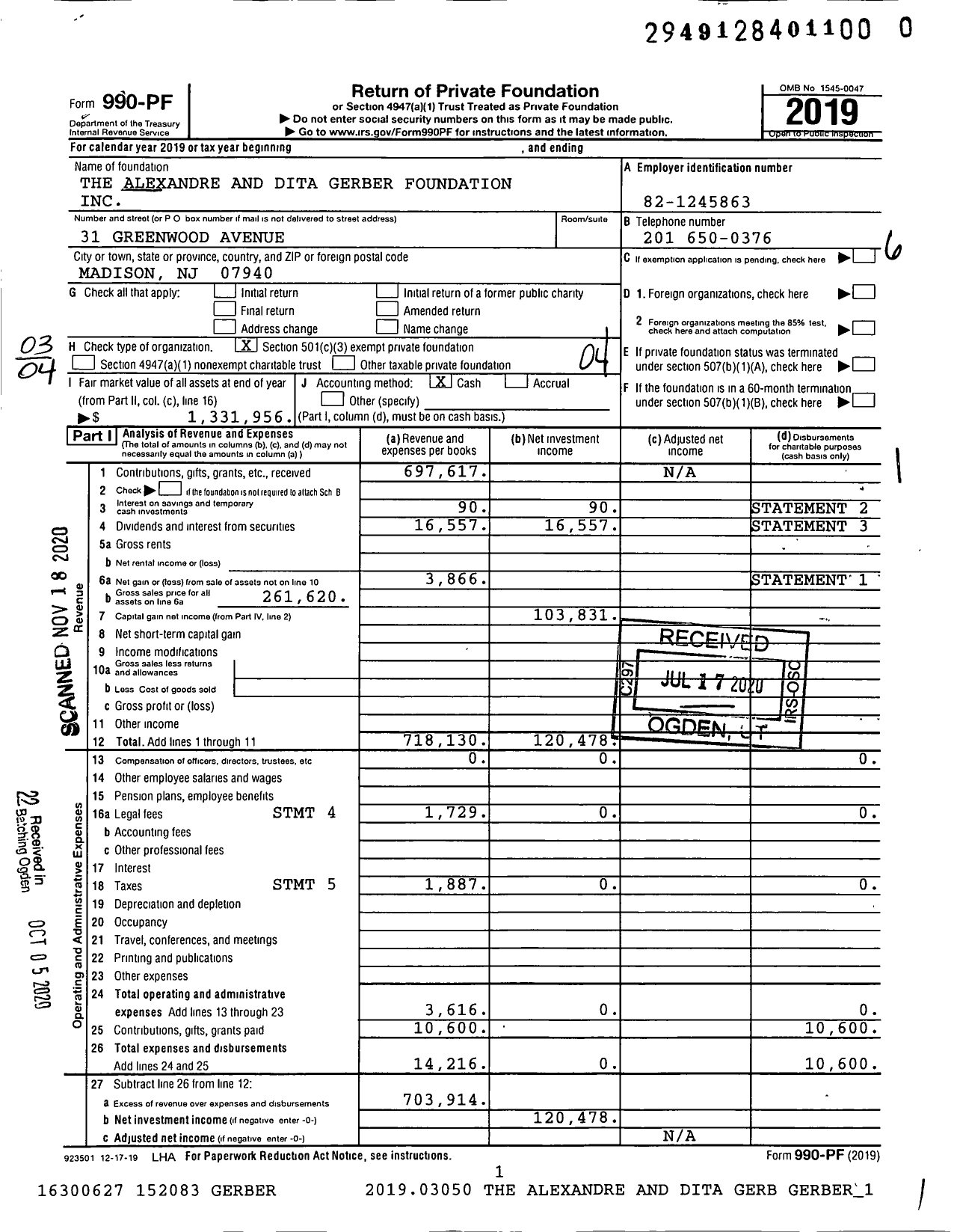 Image of first page of 2019 Form 990PF for The Alexandre and Dita Gerber Foundation