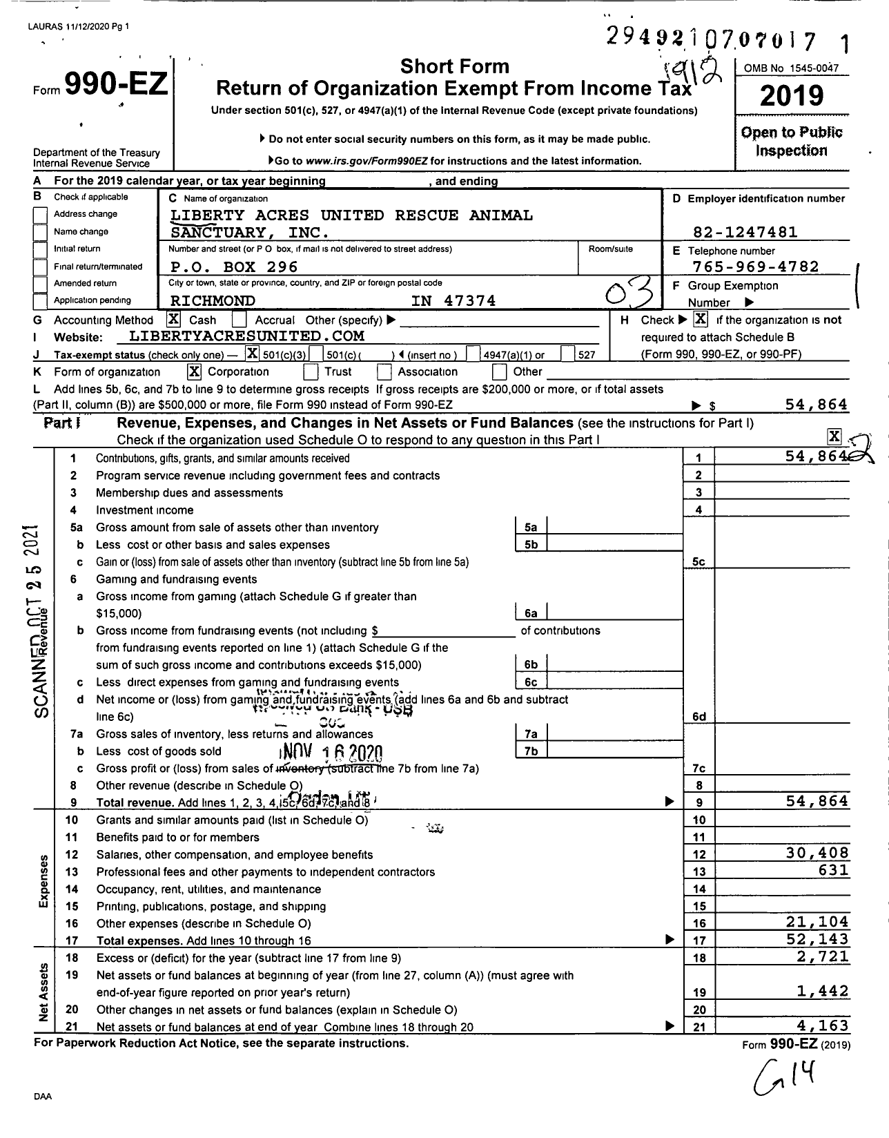 Image of first page of 2019 Form 990EZ for Liberty Acres United Rescue Animal Sanctuary