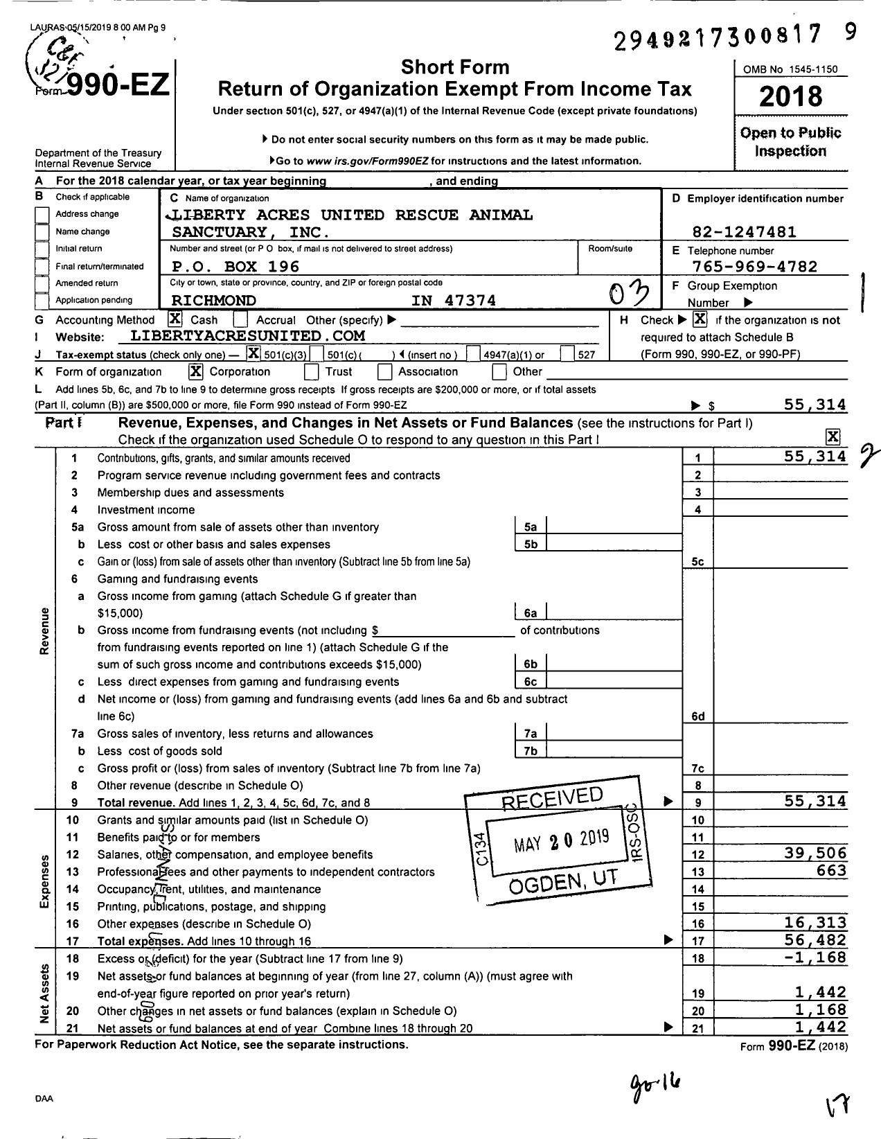 Image of first page of 2018 Form 990EZ for Liberty Acres United Rescue Animal Sanctuary